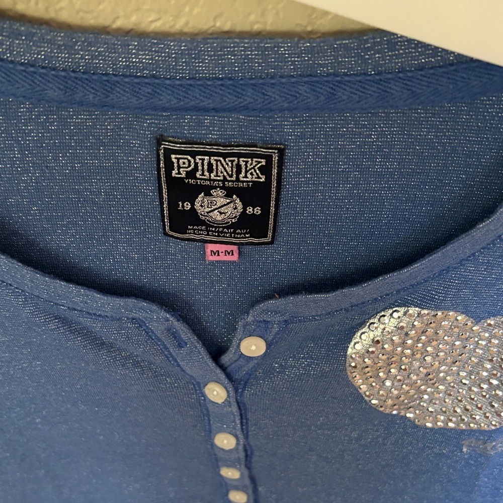 PINK Victoria's Secret Shimmering Blue Top with Silver Heart - Picture 2 of 4